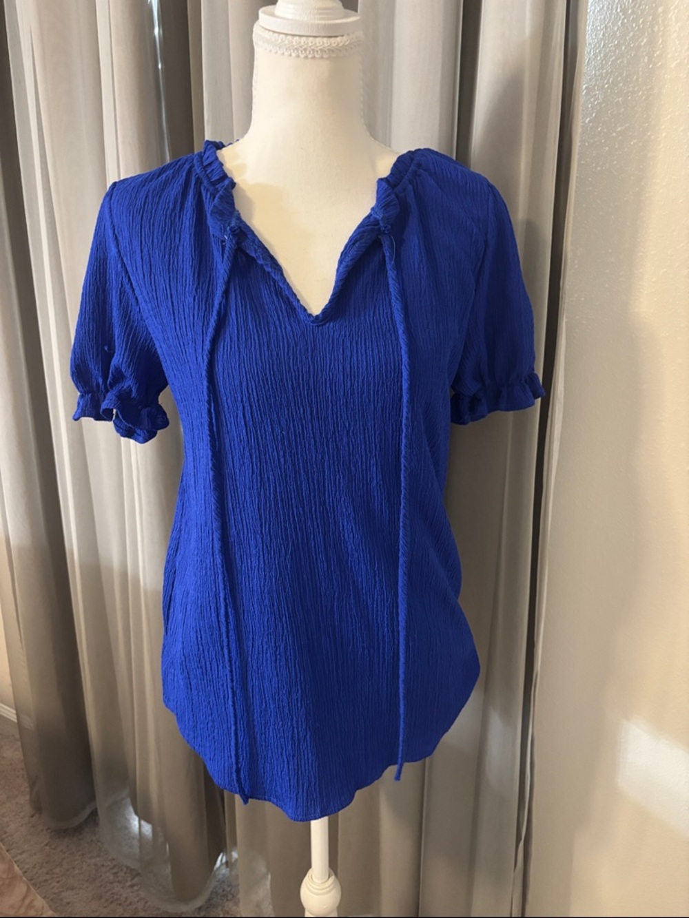 7th Ray Royal Blue Short Sleeve Tie Neck Peasant Top Size M